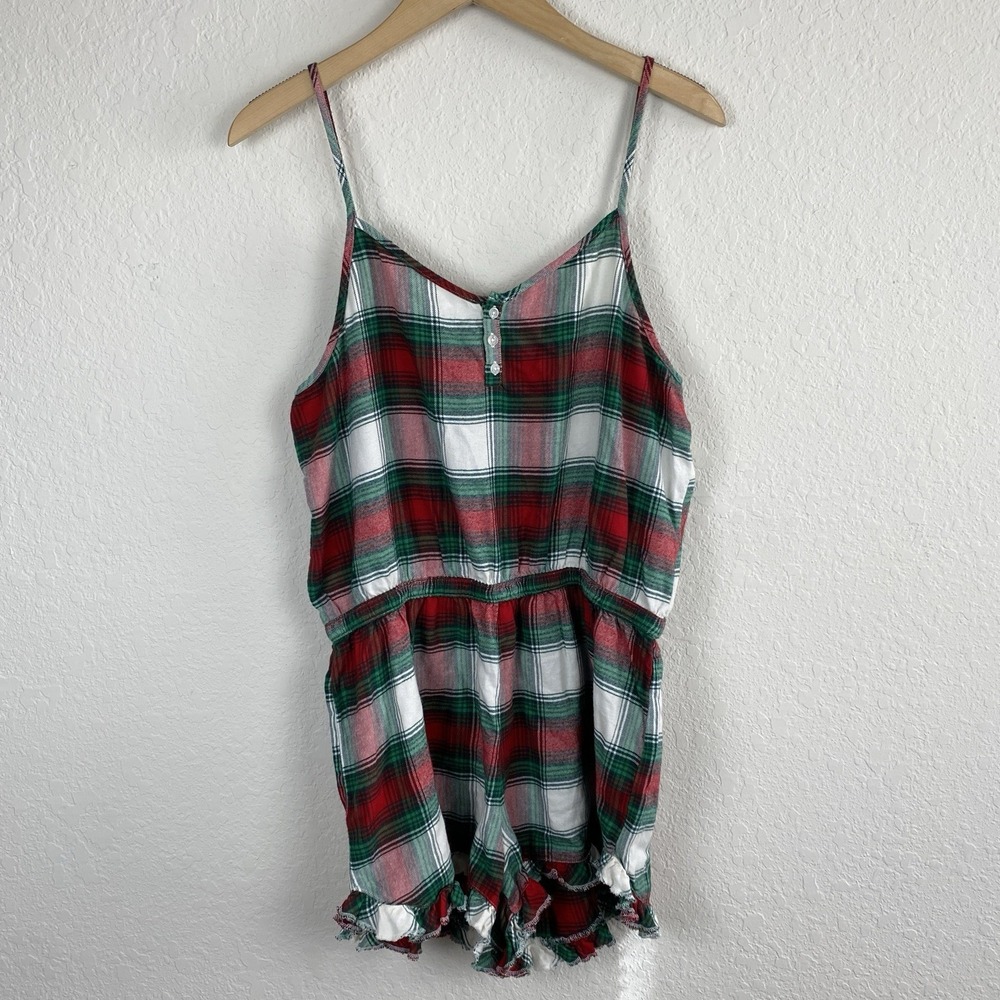 American Eagle L Flannel Lounge Romper Plaid Pajama Sleepwear Holiday Sleeveless